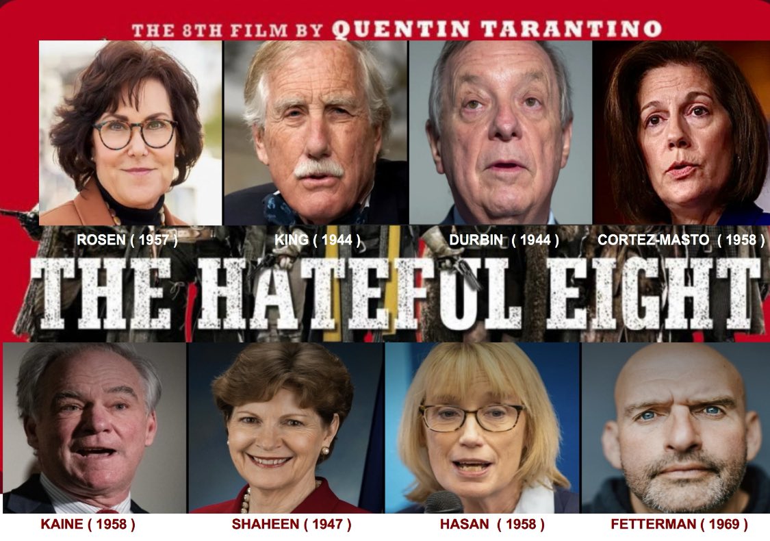 CineMava's tweet image. These eight should be primaried. And Lawrence, I’ll take a break from you.

#TheHatefulEight • @SenatorShaheen • @SenAngusKing • @timkaine • @SenatorHassan • @SenCortezMasto • @JackyRosen  • @DickDurbin  @Lawrence 

2 / 2