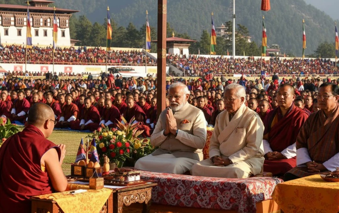 NewsMuster's tweet photo. Prime Minister @NarendraModi met with His Majesty, The Fourth King of Bhutan, Jigme Singye Wangchuck, in Thimphu today, extending warm wishes on his 70th birthday.
🔗 Read more: https://t.co/2NkANEu70E

#IndiaBhutan #PMModi #Bhutan #Kalachakra #GlobalPeace #Diplomacy #SouthAsia https://t.co/tpUqjpXbOr