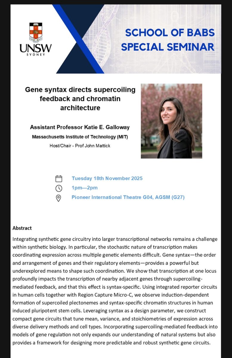 GallowayLabMIT's tweet image. Delighted to finally travel to Australia! A journey almost 20 years in the making.

If you&apos;re at the UNSW Sydney on November 18th, come hear that story!