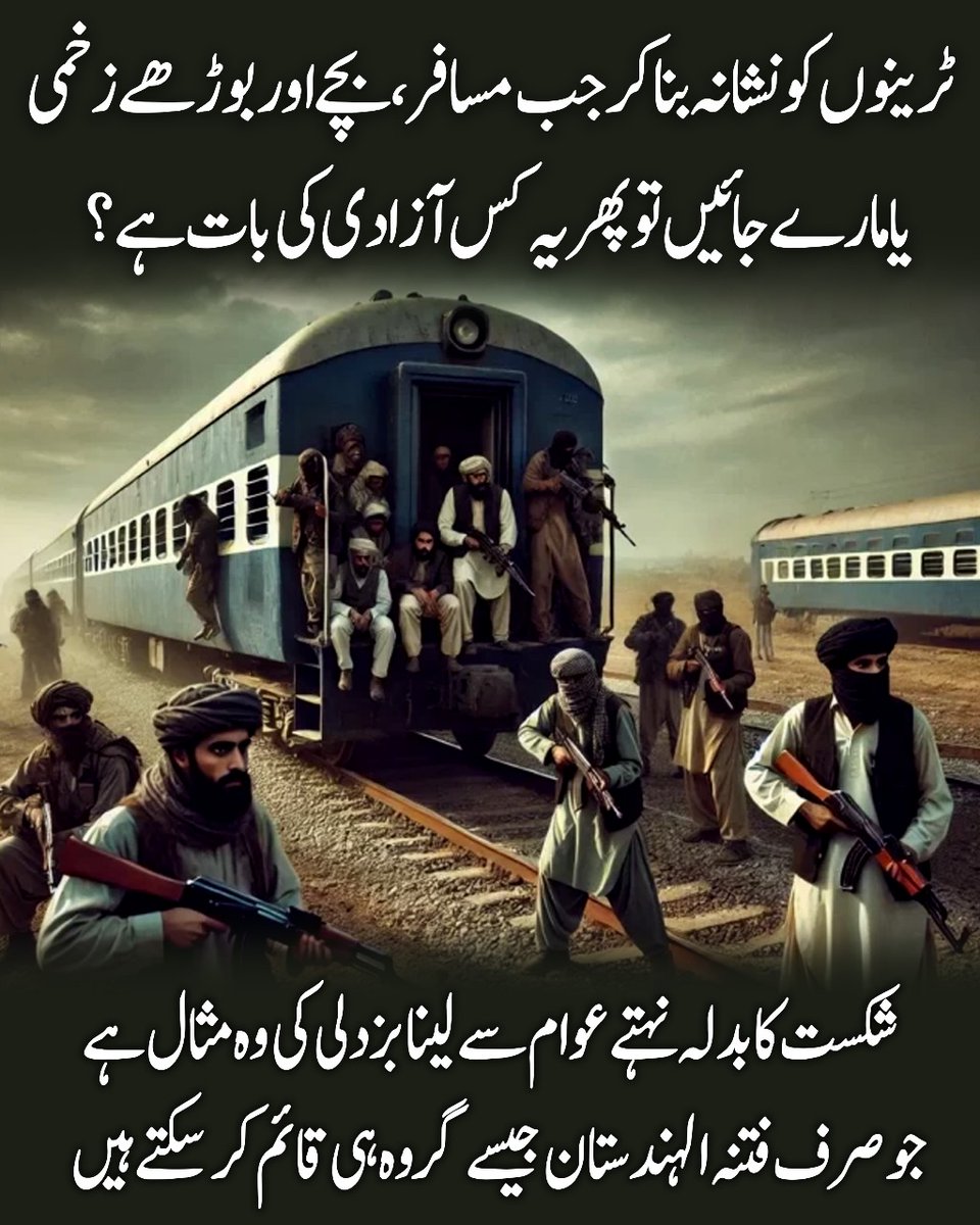 RamzanB71135399's tweet image. ٹرین حملے معصوم جانوں کا قتل ہیں — یہ آزادی نہیں۔
شہریوں سے بدلہ لینا بزدلی ہے، نفرت اور خوف پھیلاتا ہے۔
ایسے حملے امن و ترقی کے راستے میں رکاوٹ ہیں۔
#Derabugti #TDR__now #PeaceAndProgress