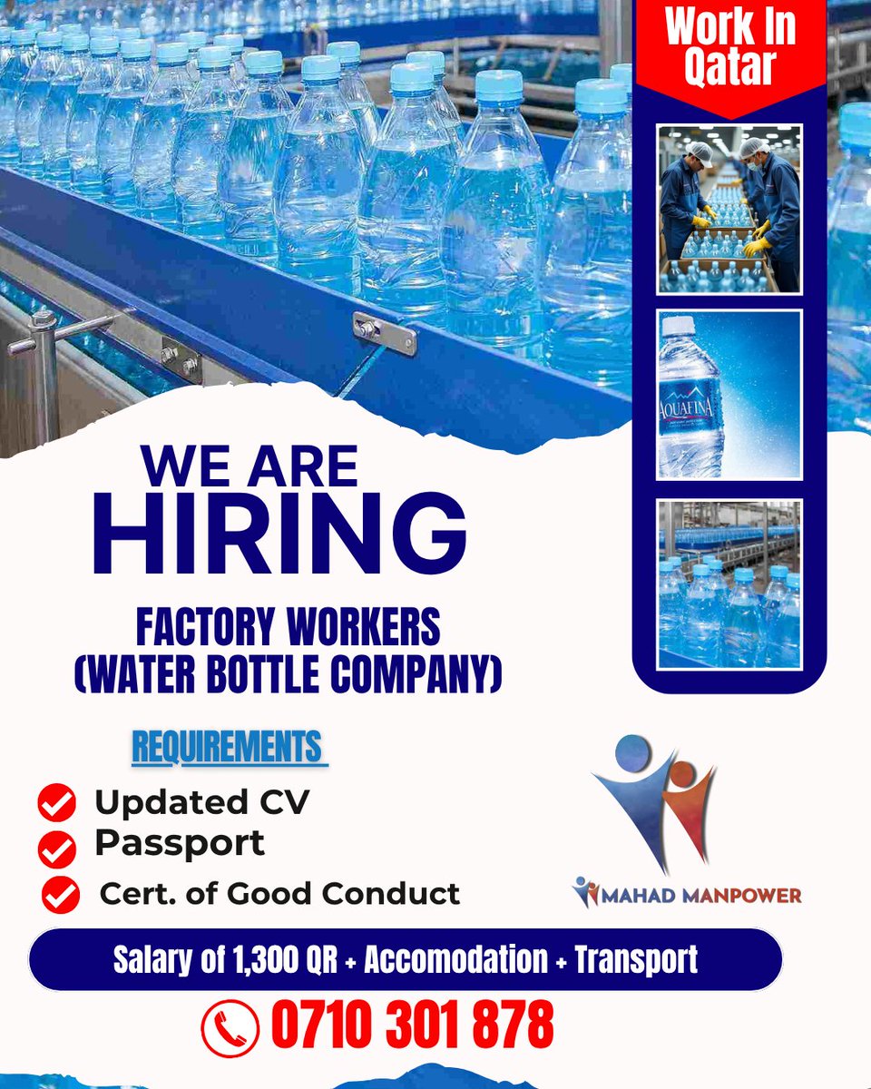 mahadmanpowerke's tweet image. Hiring to the Max – Factory Workers for Qatar! 🇶🇦
💰 Salary: 1300 QR
🏠 Free Accommodation
🚌 Free Transport
✈️ Immediate Deployment – Fly Soon!

📞 Call/WhatsApp: 0710 301 878
🌐 Apply Now: mahadmanpower.ke

#QatarJobs #FactoryWorkers #MahadRecruitment #GulfOpportunities