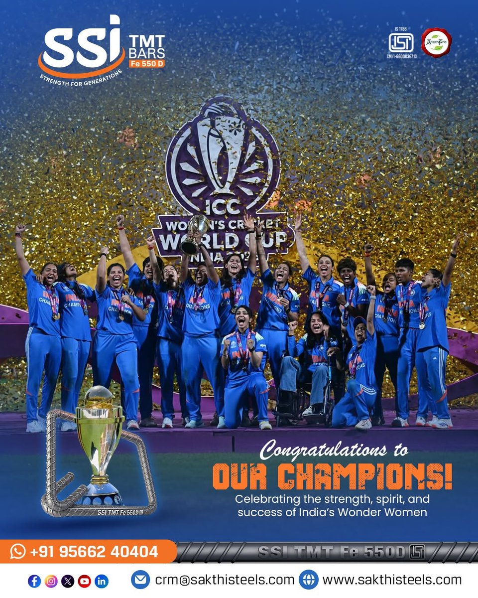 ssitmtbar's tweet image. Congratulations to Our Champions! 🏆

Team India lifts the ICC Women’s Cricket World Cup 2025 - a victory forged in strength, spirit, and steel-like determination

#SSITMT #SSITMTBars #TeamIndia #ICCWomensWorldCup #ChampionsOfSteel #IndiaWins #ICCWomensWorldCup2025