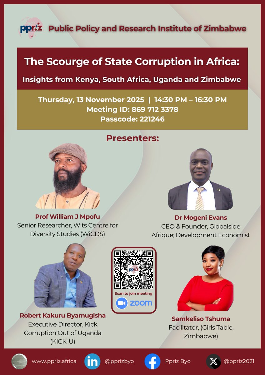 I am excited to facilitate this dialogue on the scourge of state corruption in Africa on behalf of Public Policy and Research Institute of Zimbabwe (PPRIZ). It is an important dialogue to have because we experience daily the effects of state corruption. I work with girls and