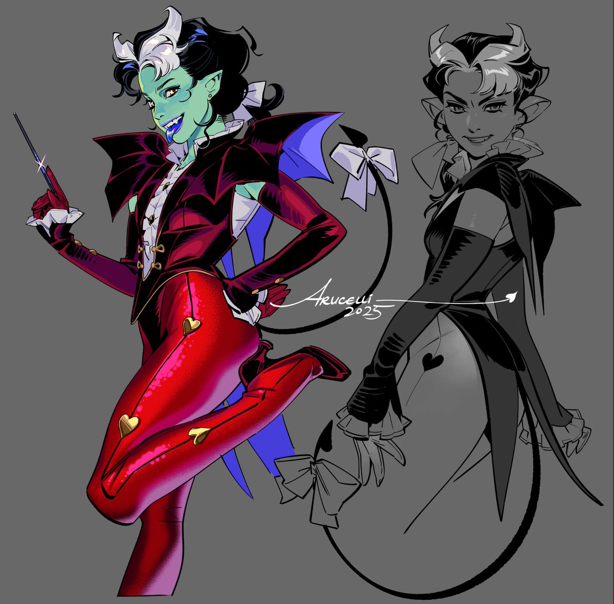 I have this tradition of designing a witchsona every Halloween but ended up being late this year. I also watched Frankenstein the other night. The end result is an imp-sona with green skin, red sparkle tights, and a jelly tongue in November 🦇