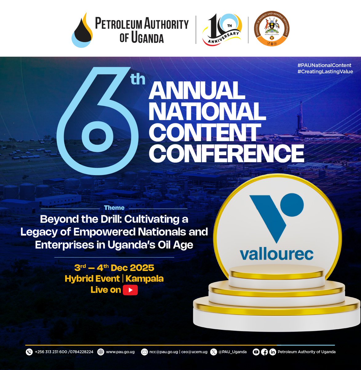 PAU_Uganda's tweet image. We’re excited to welcome aboard our new partners and sponsors for the 6th Annual National Content Conference — SLB,  Pearl Engineering Company @PEC94, @Vallourec , and Prometim Uganda Ltd/ICS!

Thank you for partnering with @PAU_Uganda  to champion national content development