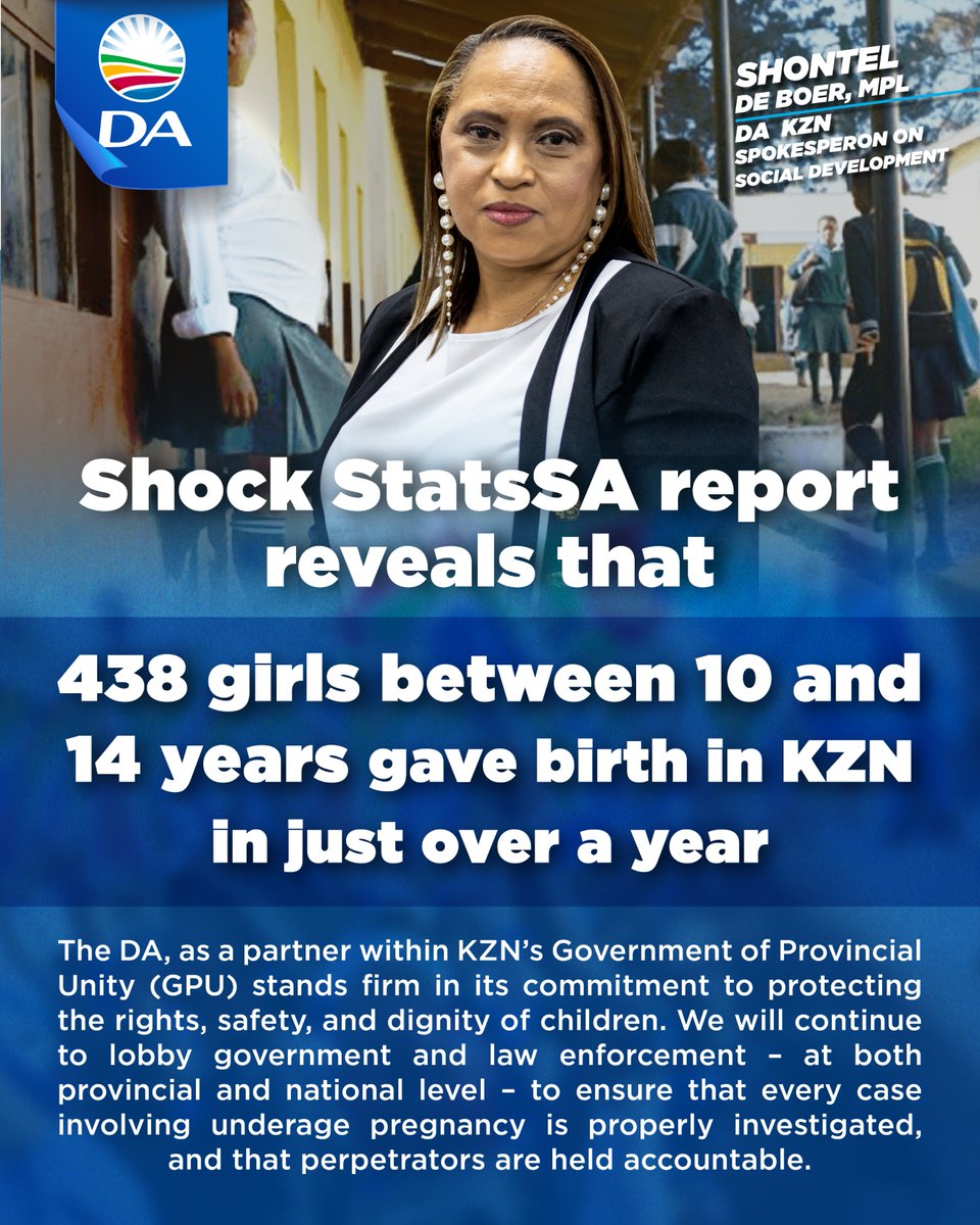 DA_KZN's tweet image. 𝗦𝗵𝗼𝗰𝗸 𝗦𝘁𝗮𝘁𝘀𝗦𝗔 𝗿𝗲𝗽𝗼𝗿𝘁 𝗿𝗲𝘃𝗲𝗮𝗹𝘀 𝘁𝗵𝗮𝘁 𝟰𝟯𝟴 𝗴𝗶𝗿𝗹𝘀 𝗯𝗲𝘁𝘄𝗲𝗲𝗻 𝟭𝟬 𝗮𝗻𝗱 𝟭𝟰 𝘆𝗲𝗮𝗿𝘀 𝗴𝗮𝘃𝗲 𝗯𝗶𝗿𝘁𝗵 𝗶𝗻 𝗞𝗭𝗡 𝗶𝗻 𝗷𝘂𝘀𝘁 𝗼𝘃𝗲𝗿 𝗮 𝘆𝗲𝗮𝗿
#CommunitySafety #SocialDevelopment

Click to read more: kzn.da.org.za/2025/11/shock-…