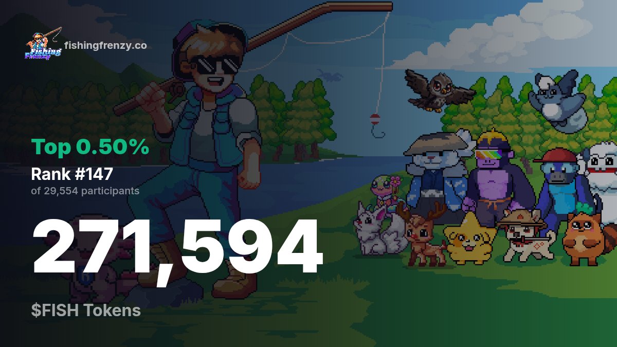 I just checked my $FISH allocation on <a href="/FishingFrenzyCo/">Fishing Frenzy</a>! 🎣

271,594.253 $FISH Tokens
Top 0.50%
Rank #147 of 29,554 participants

Check yours: ffchecker.vercel.app 

Special thanks to <a href="/voidyonx/">voidy</a> for this detailed tool.