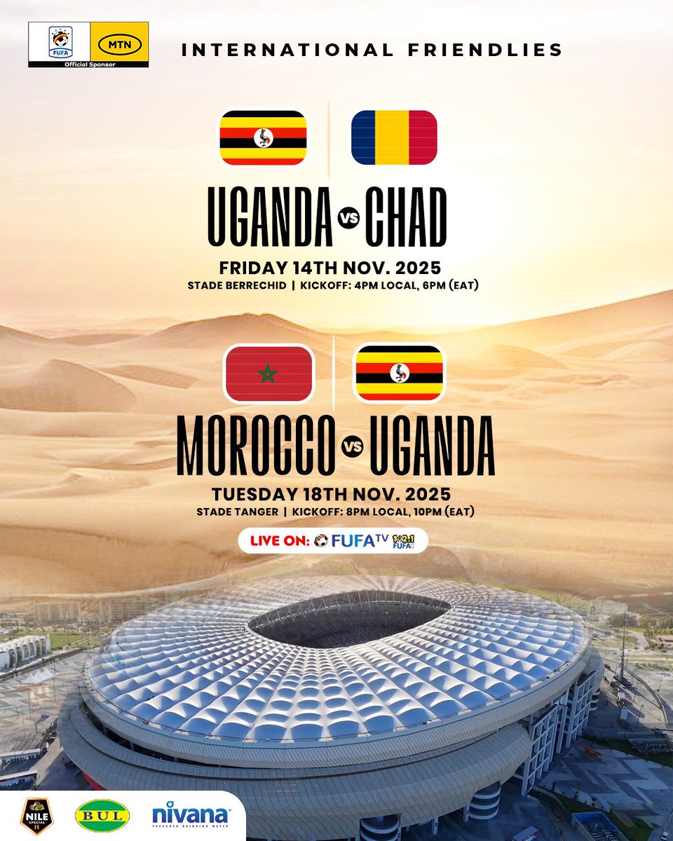 UgandaCranes's tweet image. Our upcoming matches 🗓️ 

• Uganda vs Chad – Friday, 14th November 2025
• Morocco vs Uganda – Tuesday, 18th November 2025

#internationalFriendly