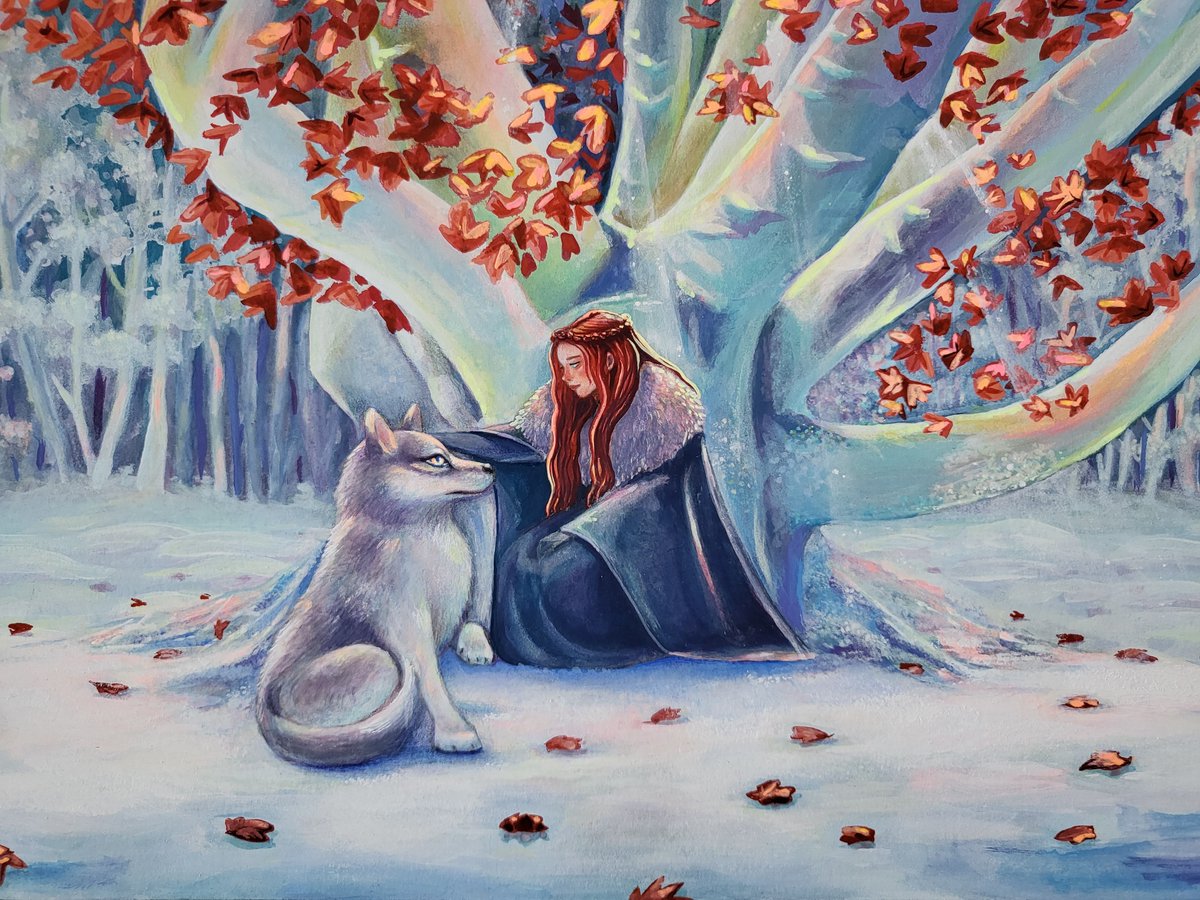 not to ruffle any (little bird) feathers
but here's some asoiaf art painted by human hands
and days of cobbling together references. it's not
perfect but it's real. I love them. my ladies. 
#sansa #asoiaf #gouache #watercolor
#traditionalart