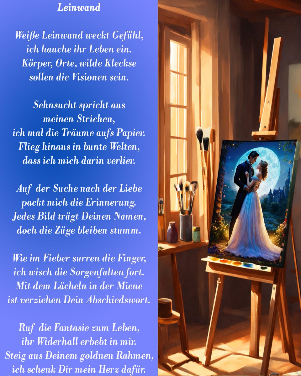 Kerstindreaming's tweet image. Wenn mein Herz den Pinsel 👨‍🎨​ führt und malt, was ich ersehn,
hole ich den Traum ✨ zurück und lass ihn nie mehr gehen 💕

#drabble #sehnsucht #gedichte #poesie #lyrik #poetry #gedicht #gedanken #che #schreiben #spr #deutschegedichte #liebe #poem