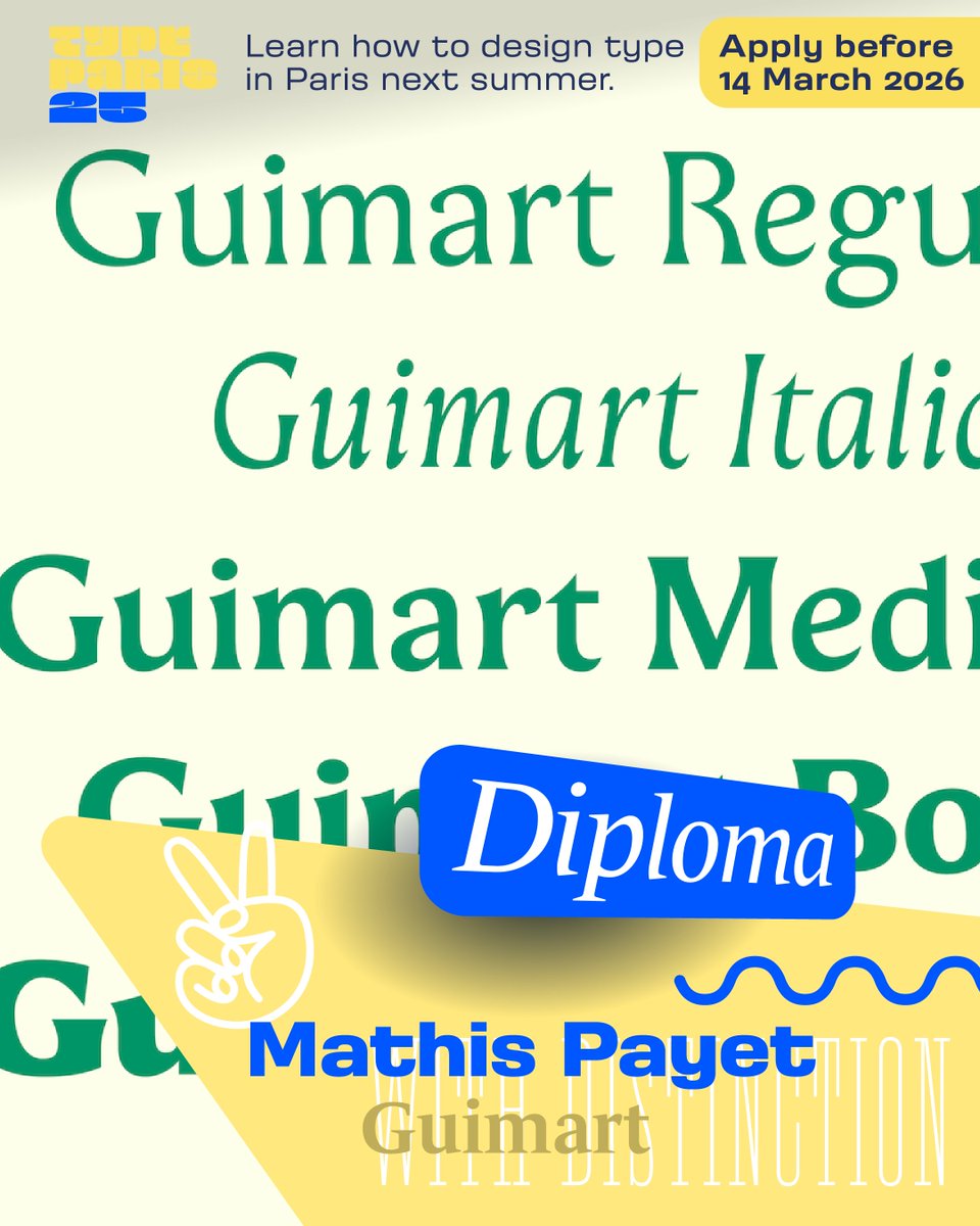 Have a look to Guimart by Mathis Payet <a href="/mathis_payet/">Mathis Payet</a> from France who received his #typeparis25 diploma with distinction. 🤩 typeparis.com/attendees

➽ Apply before the 14 March 2026 for #typeparis26 to learn type design in Paris.