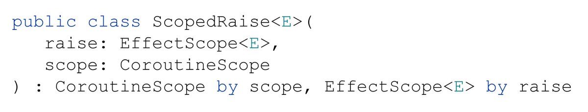 ktdotacademy's tweet image. In Kotlin we implement interface intersection types using interface delegation. This way we can simply aggregate functionalities of two interfaces into one class. This ScopedRise comes from Arrow library. 

Learn more at the Kotlin Expert workshop → kt.academy/workshop/expert