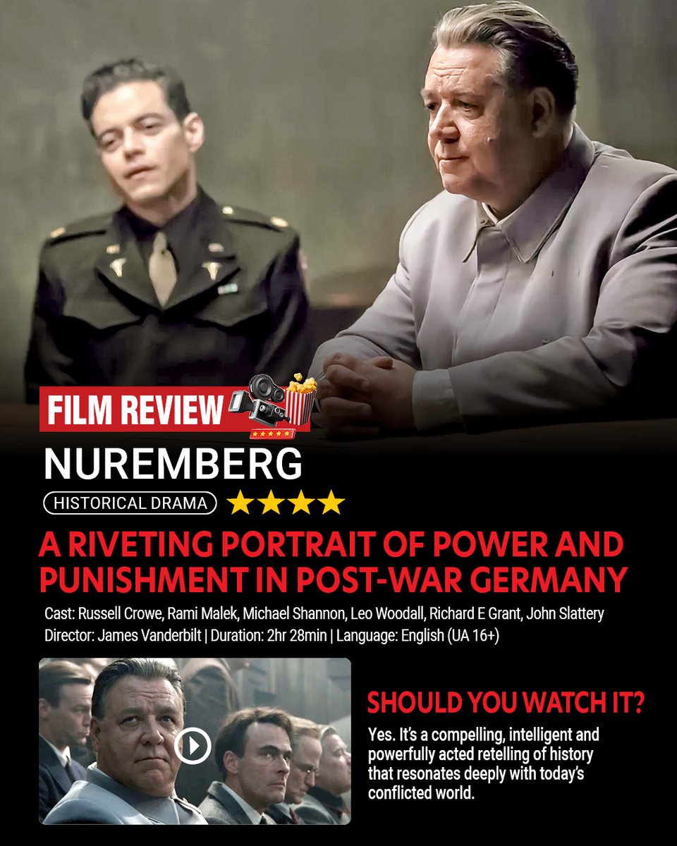 lucknowTOI's tweet photo. #Nuremberg opens with the chilling line, “For those who lived it, and those who didn’t.” #RussellCrowe stuns as Göring — a proud, addicted war criminal locked in tense mind games. A gripping, morally complex drama on guilt, justice, and power that stays with you https://t.co/cyH89TyH6T