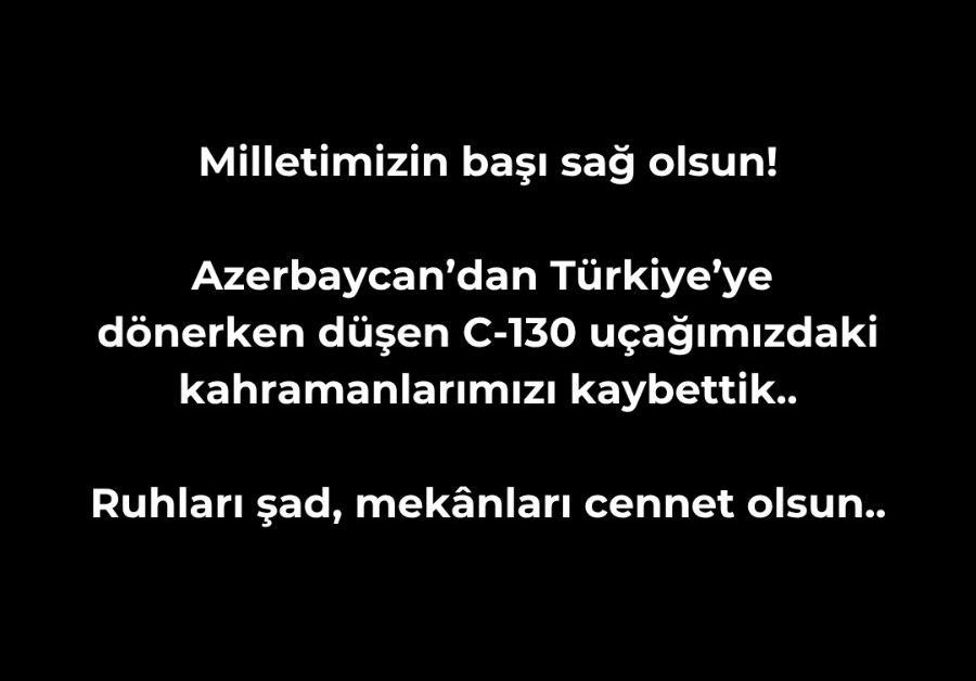 Azerbaycan’dan Türkiye’ye dönüş yolunda düşen C-130 tipi askeri kargo uçağında şehit olan 20 kahraman askerimizin acısını derin bir üzüntüyle öğrendik. Aziz şehitlerimize Allah’tan rahmet, kederli ailelerine ve silah arkadaşlarına sabır ve başsağlığı diliyoruz.
BALHED