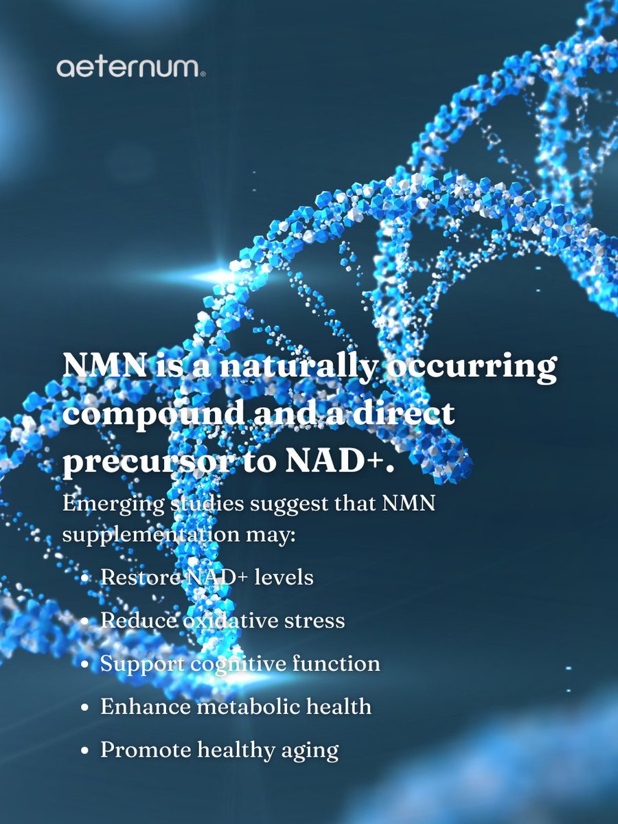 aeternumcompany's tweet image. 🧬 NMN may boost cellular energy, support DNA repair &amp;amp; promote healthy aging ✨ Recharge your cells for long-term vitality. 💡 Follow us &amp;amp; visit our site! #NMN #LongevityScience #BiohackingHealth