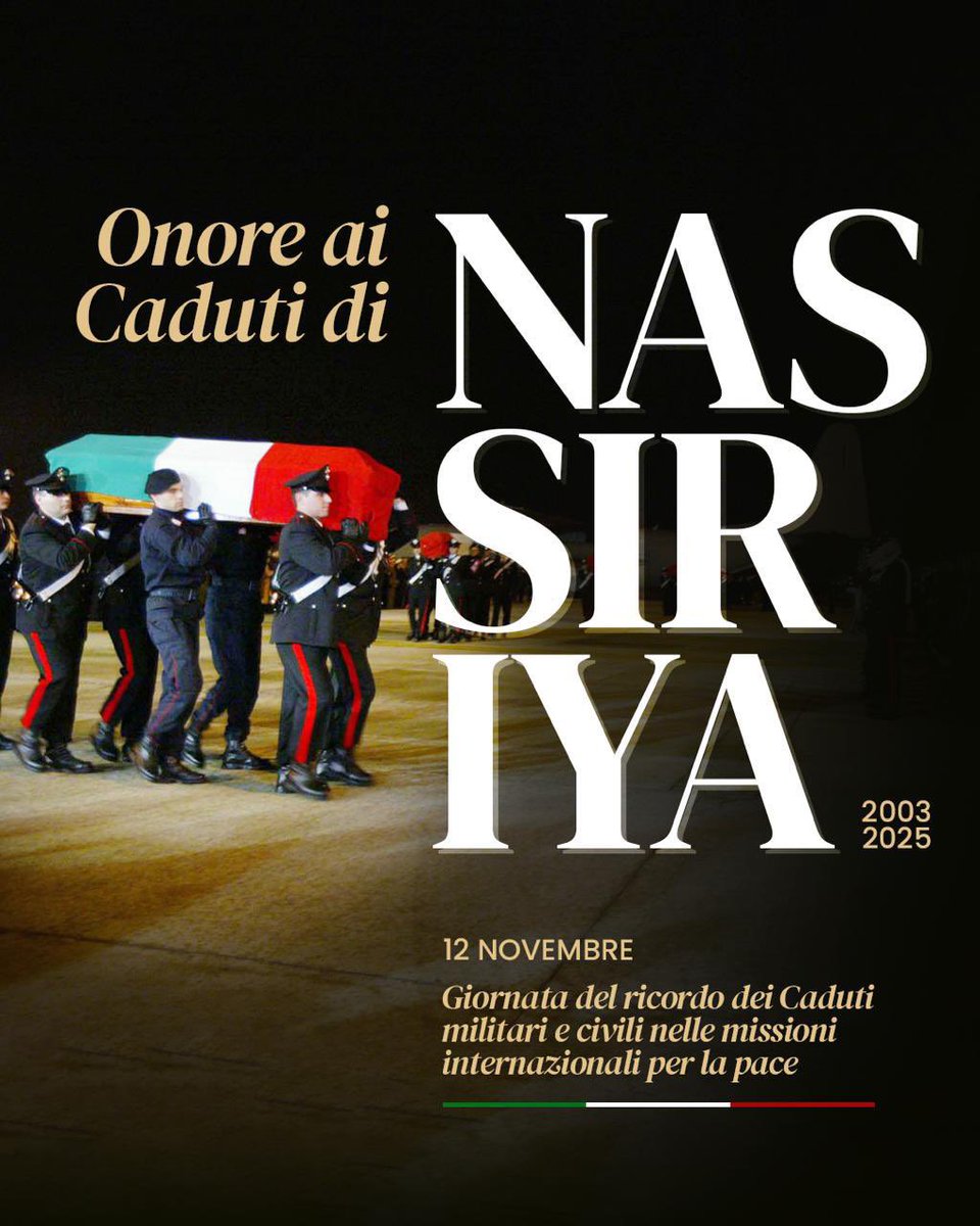Oggi, #12novembre, ricorre la Giornata del ricordo dei Caduti militari e civili nelle missioni internazionali per la pace. Ventidue anni fa, a Nassiriya, un camion pieno di esplosivo forzò il posto di blocco all'ingresso della base Maestrale, sede della MSU italiana dei