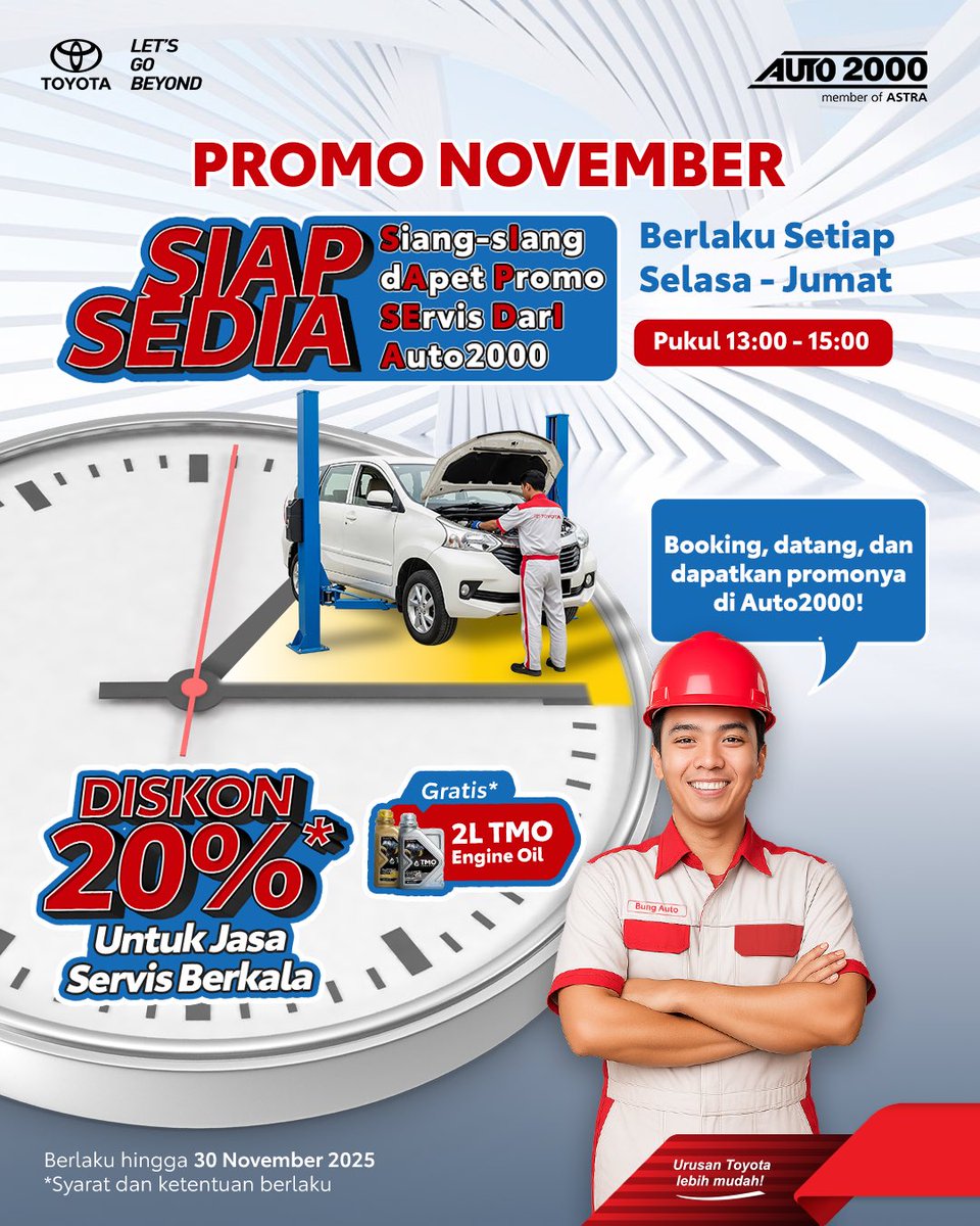 AUTO2000ID_'s tweet image. Siang-siang jamnya apa?! 🤔
JAMNYA SERVIS BERKALA DI AUTO2000 PAKAI PROMO SIAP SEDIA!

*Syarat &amp;amp; ketentuan berlaku

#AUTO2000 #AUTO2000ID #AUTOGASPOOOL #PromoServis #ServisMobil