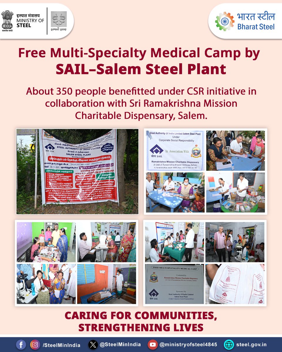 SteelMinIndia's tweet photo. As part of its #CSRinitiatives, SAIL–Salem Steel Plant (SSP) organized a Free Multi-Specialty Medical Camp at Zion Educational Institution (Genius Academy), Nangavalli, in collaboration with Sri Ramakrishna Mission Charitable Dispensary, Salem.🩺
#SAILSSP #SAIL #CSR #CommunityCare #HealthcareForAll #SteelOfStrength #Sustainability
@SAILsteel