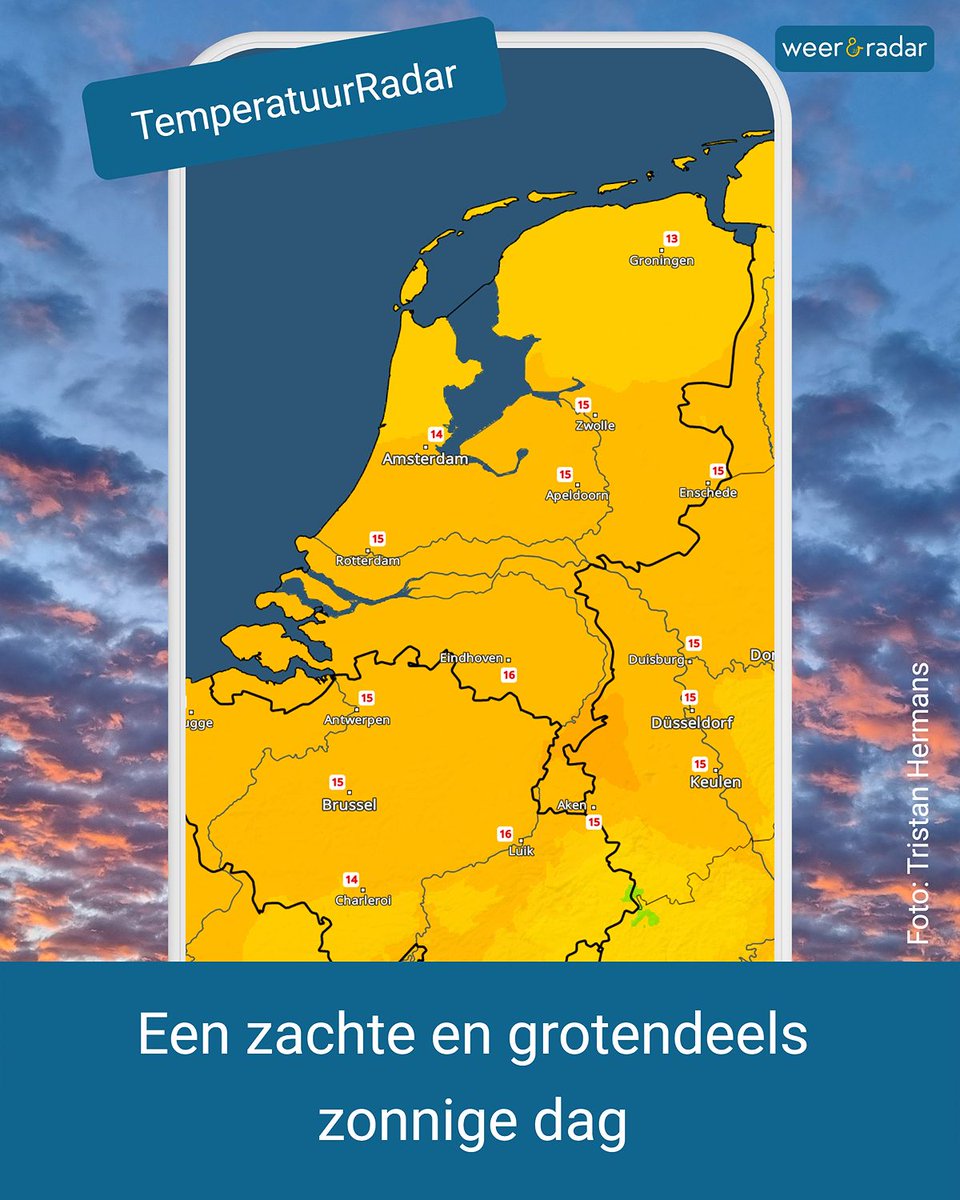 weerenradar_nl's tweet image. Op veel plaatsen begint deze woensdag zacht en zonnig. Het kwik stijgt vandaag tot 14 graden in het noorden en 17 graden in het zuidoosten.☀️ Daarbij is het vooral in de zuidelijke helft zonovergoten. In het noorden is de bewolking hardnekkiger.🌥️

#weerupdate #weerbericht