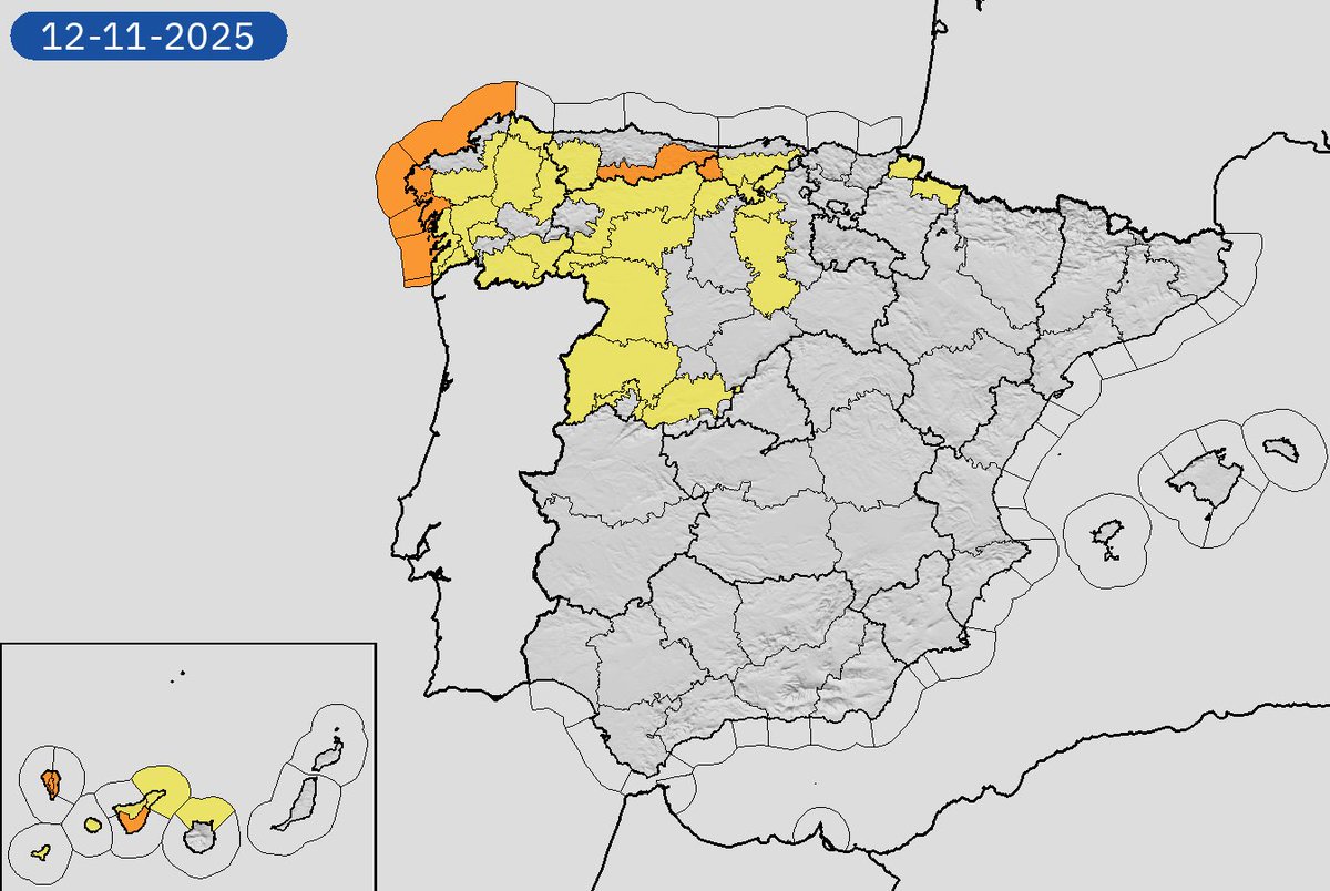 AEMET_Esp's tweet image. 12/11 08:06 AVISOS HOY Y MAÑANA | España: costeros, lluvias, tormentas y vientos. Nivel máximo de aviso: naranja.
Actualizaciones en aemet.es/es/eltiempo/pr…