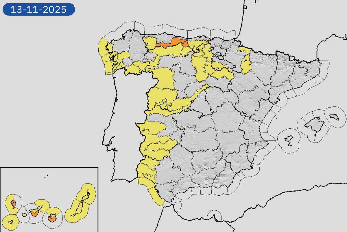 AEMET_Esp's tweet image. 12/11 08:06 AVISOS HOY Y MAÑANA | España: costeros, lluvias, tormentas y vientos. Nivel máximo de aviso: naranja.
Actualizaciones en aemet.es/es/eltiempo/pr…