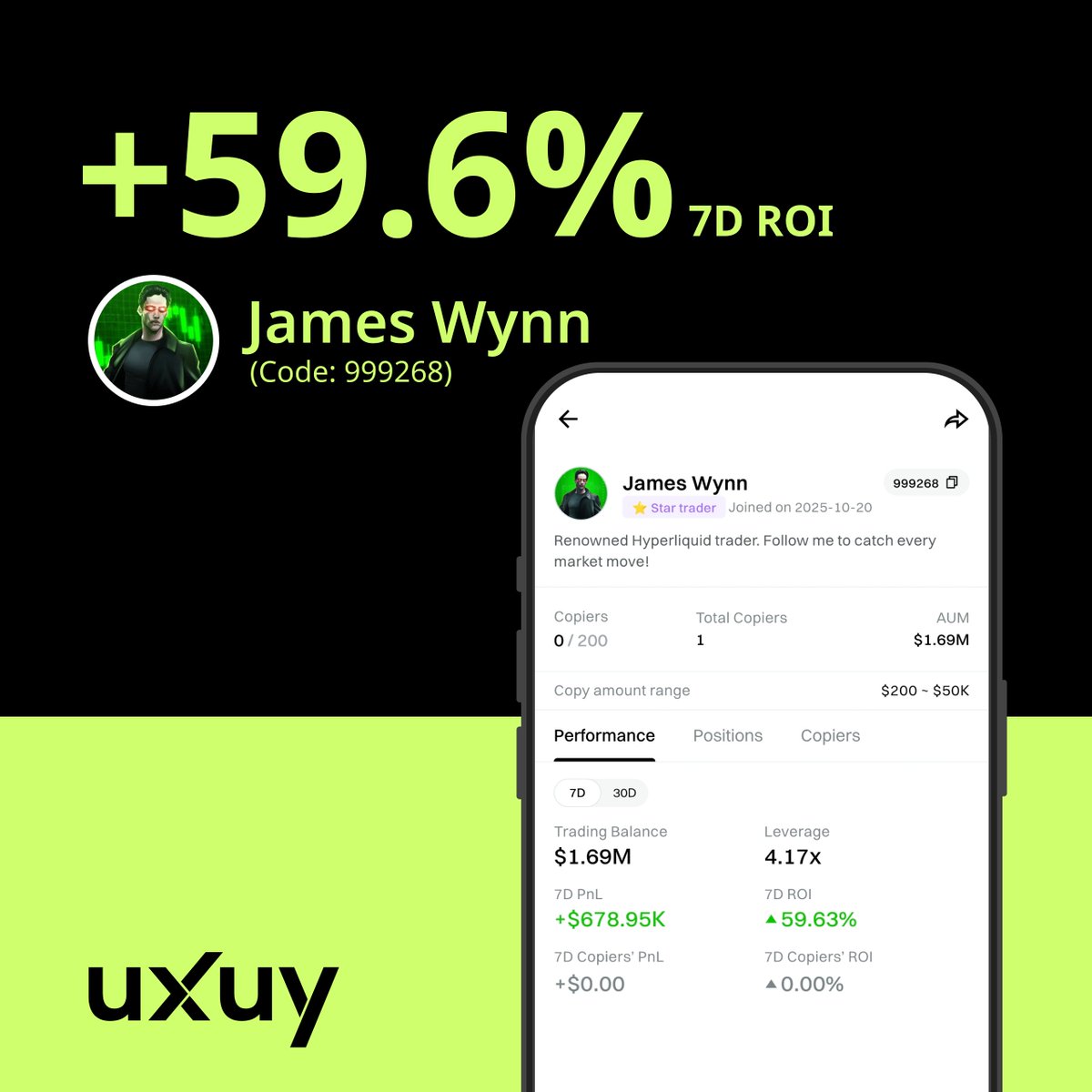 🚨 Star Trader Spotlight: James Wynn After 4 brutal liquidations, James Wynn  is back — making a high-profile comeback with $1M fresh capital and a  blazing +59.6% 7D ROI. Renowned for catching