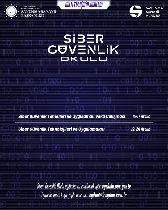 First image shows purple-themed promotional graphic with Siber Güvenlik Okulu title, Aralik Ayu Egitimleri Basliyor subtitle, and shield icon representing cybersecurity school trainings. Includes contact details for enrollment. Second image displays schedule for Siber Guvenlik Temel ve Uygulamali Yakin Calismalar 15-24 Aralik and Siber Guvenlik Teknolojileri Uygulamalari 22-24 Aralik, with organizational logos and registration information.