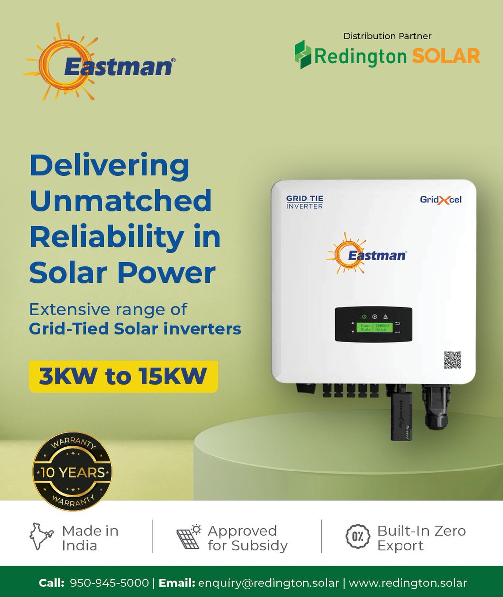 Redington_solar's tweet image. Unmatched reliability, unbeatable performance.
Eastman Grid-Tied Solar Inverters (3–15kW) come with 10-year warranty, subsidy approval &amp;amp; zero-export tech.
Made in India. Powered by trust.
Distributed by Redington Solar.
#SolarInverter #RedingtonSolar #Eastman #MadeInIndia