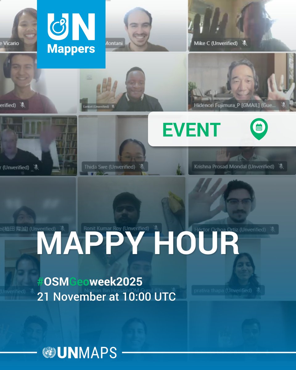UN_Mappers's tweet image. We are mapping during #OSMGeoweek2025! 🎉

Join our November UN Mappers #MappyHour and celebrate #OpenStreetMap Geography Awareness Week with us! 💙

📅 21 November
⏱️ 10:00 UTC 
📌 Registration: eventbrite.com/e/un-mappers-m…

#UNMaps #opendata #volunteering #gischat #UNvolunteers