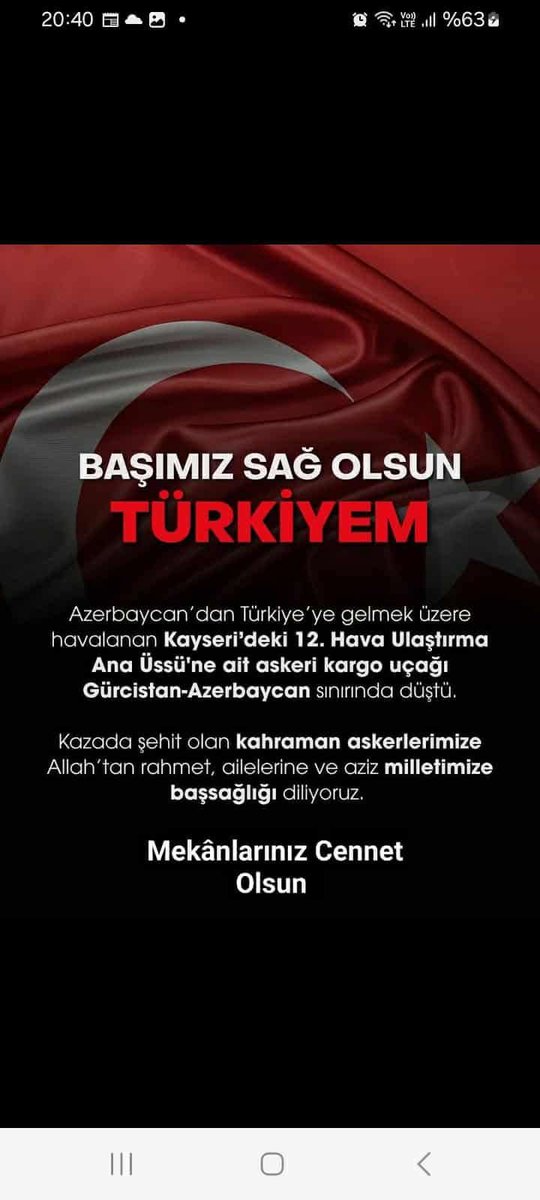 Azerbaycan’dan Türkiye’ye dönüş yolunda, Gürcistan üzerinde düşen C-130 tipi askeri kargo uçağında şehit olan 20 kahraman askerimizin acısını derin bir üzüntüyle öğrendik.
Aziz şehitlerimize Allah’tan rahmet, kederli ailelerine ve silah arkadaşlarına sabır ve başsağlığı diliyoruz