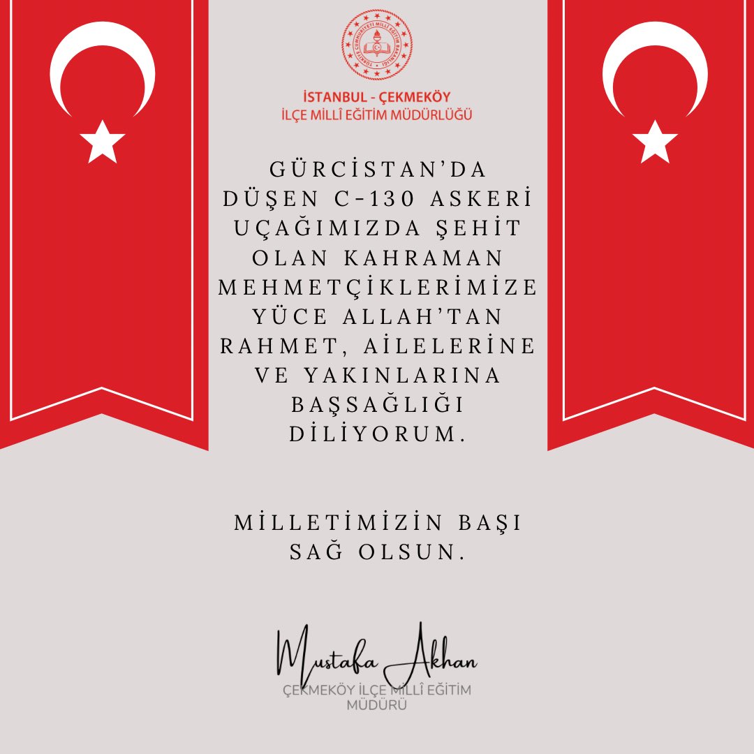 Gürcistan’da düşen C-130 askeri uçağımızda şehit olan kahraman Mehmetçiklerimize Yüce Allah’tan rahmet, ailelerine ve yakınlarına başsağlığı diliyoruz.

Milletimizin başı sağ olsun.🇹🇷 

<a href="/istanbulilmem/">İstanbul İl Millî Eğitim Müdürlüğü</a>  <a href="/mirimiran23/">Resul ÇELİK</a> <a href="/AkhanMustafa/">Mustafa AKHAN</a>