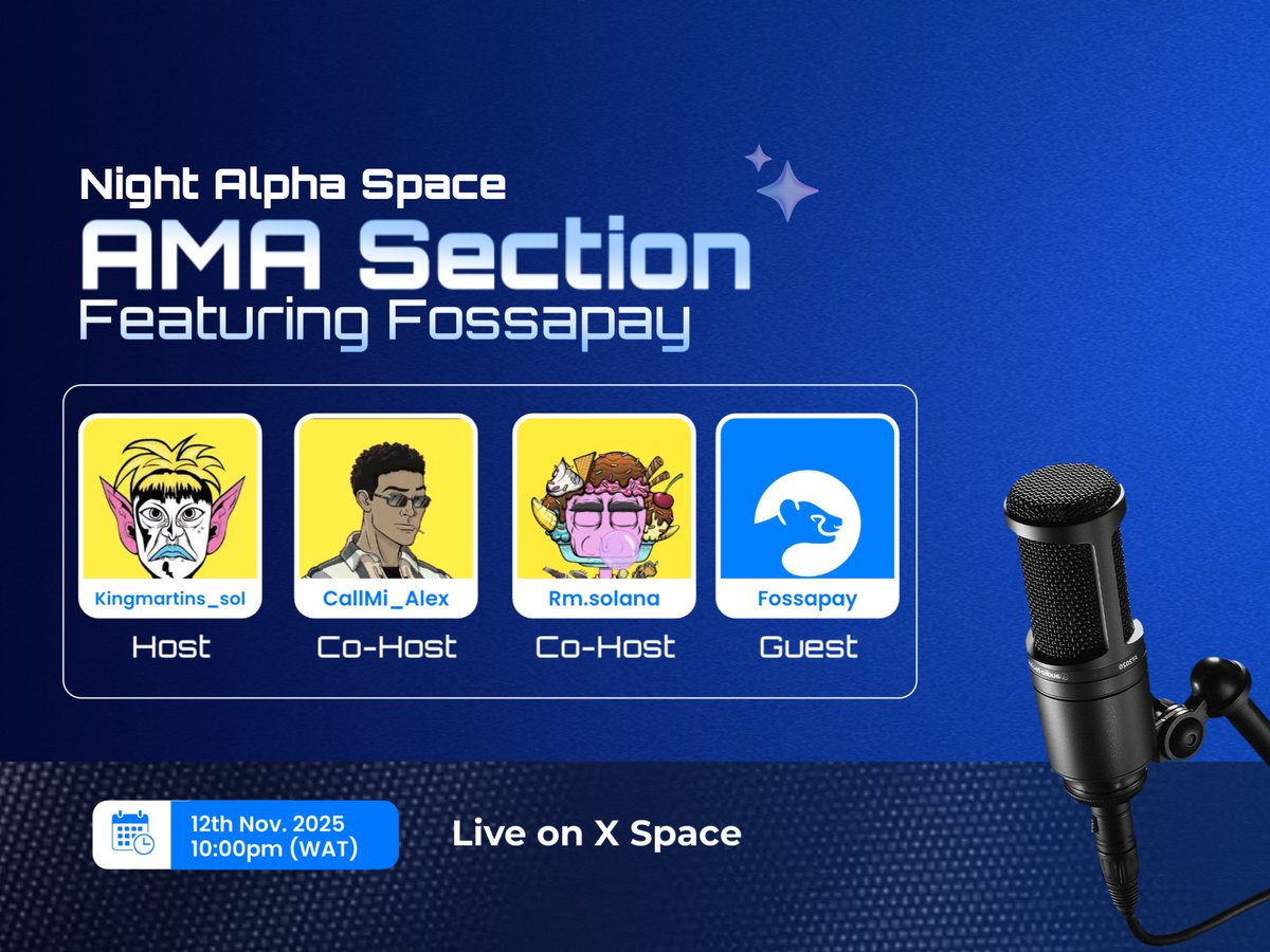 😏 We weren’t gone for too long!

Tonight by 10:00 PM WAT, join me, <a href="/CallMi_Alex_/">alexofweb3.sol | SOLANA SUMMIT AFRICA 🇳🇬</a>, and <a href="/Web3RM/">RM⚔️</a> as we dive deep into what <a href="/fossapay/">FossaPay</a> is building and why it matters to us.

Come for the Alpha, stay for the vibes. Trust me it gona be massive 🔥 
 
See you there ✌️