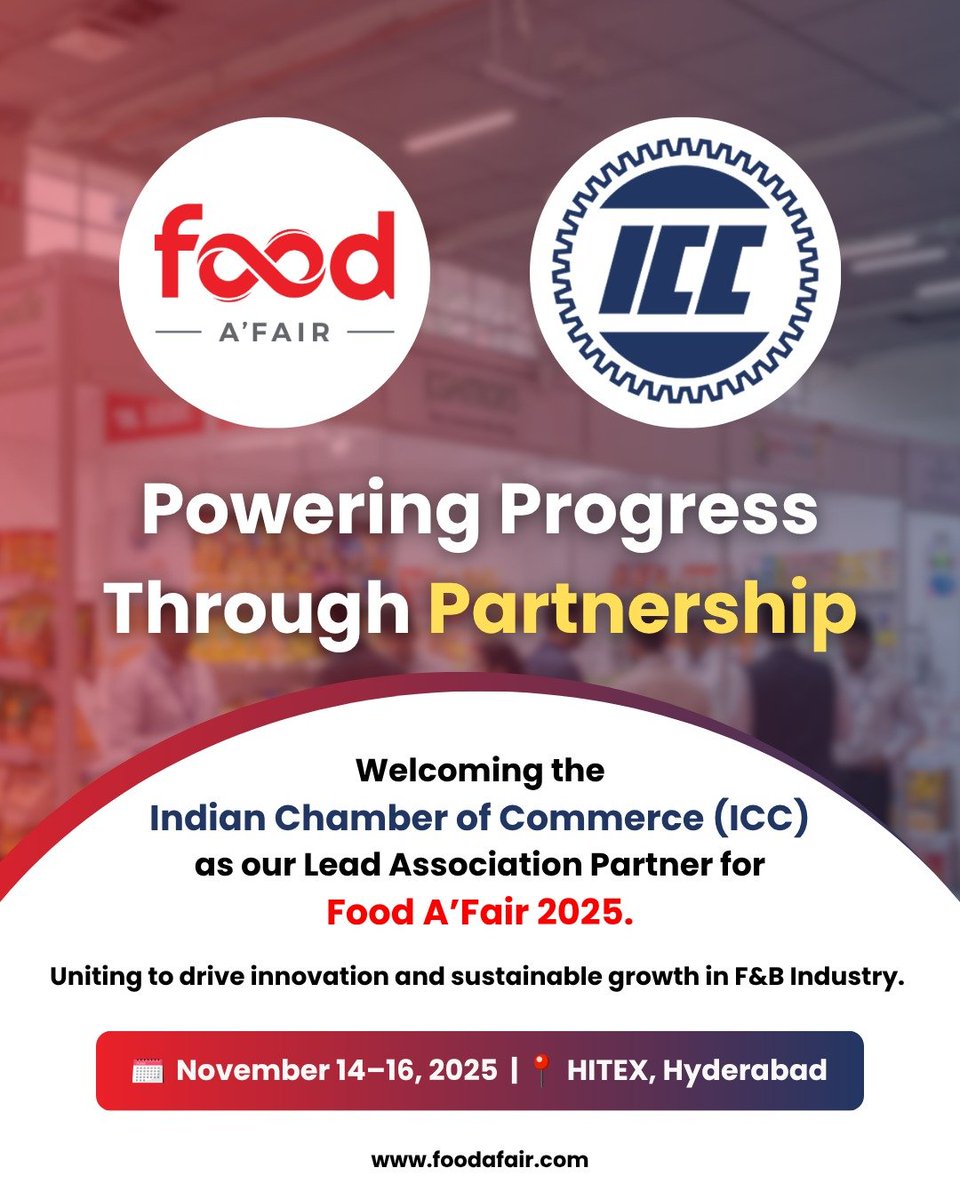 foodafair's tweet image. Strengthening Industry Ties. Driving Growth Together

We’re proud to announce that the @ICC_Chamber  joins FoodA’Fair 2025 as our Lead Association Partner.

With a shared vision of fostering innovation, empowering businesses, &amp;amp; advancing India’s Food &amp;amp; Beverage ecosystem
(1/2)