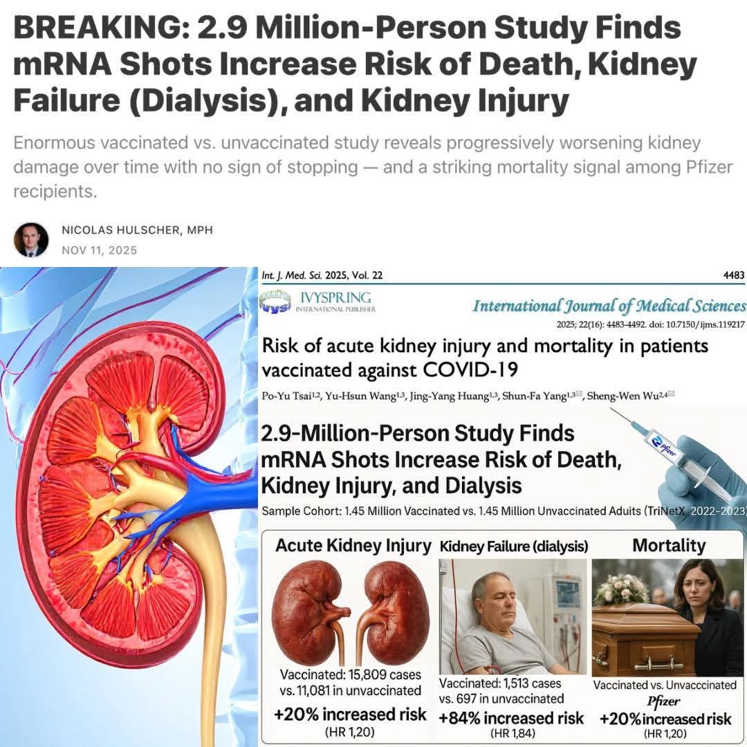 מור סגמון כותב:
"🚨 מחקר חדש בקרב 2.9 מיליון מבוגרים בארה״ב קושר את חיסוני הקורונה מסוג mRNA לעלייה בסיכון לפגיעות כליה וצורך בדיאליזה.

מאמר שעבר ביקורת עמיתים ופורסם ב־10 בנובמבר 2025 בכתב העת *International Journal of Medical Sciences* מדווח על שיעורים גבוהים משמעותית של פגיעה