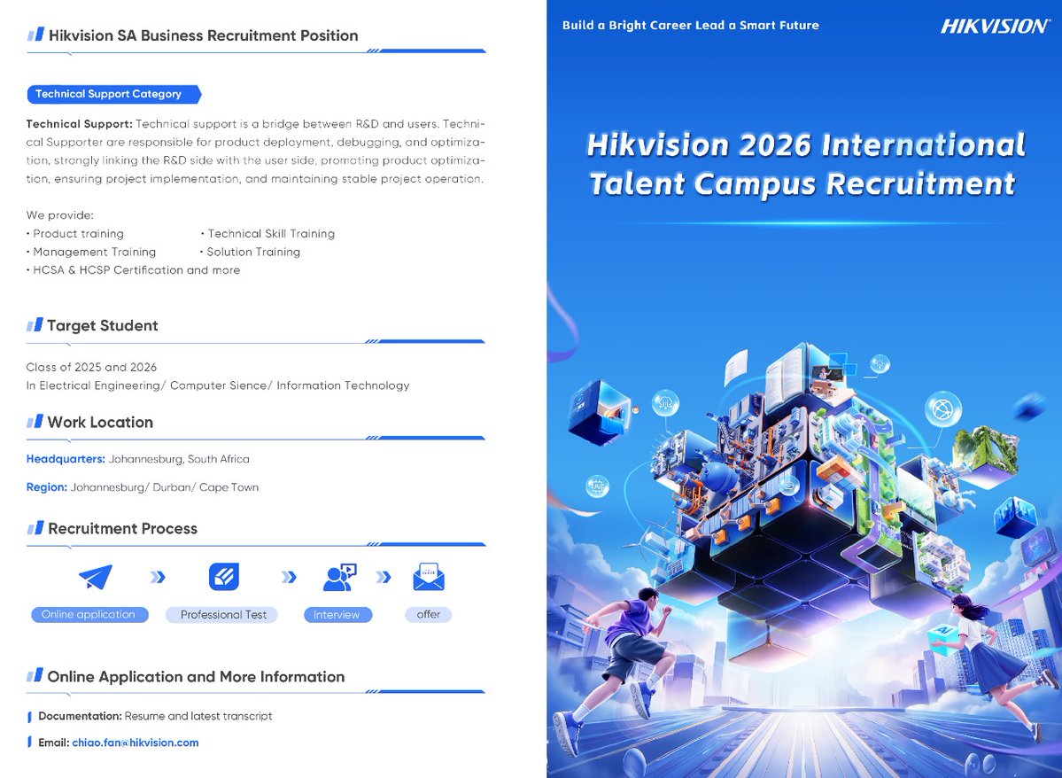 Hikvision_SA's tweet image. 📢 Hikvision South Africa 2026 Graduate Program is now open!

Class of 2025 &amp;amp; 2026 Grads in Electrical Eng, Computer Science, and IT
📍 Roles in JHB, Durban, CPT.

Apply now!
🔗: linkedin.com/jobs/view/4339…

#Hikvision #GraduateProgram #TechJobs #Engineering #IT #JobSearch