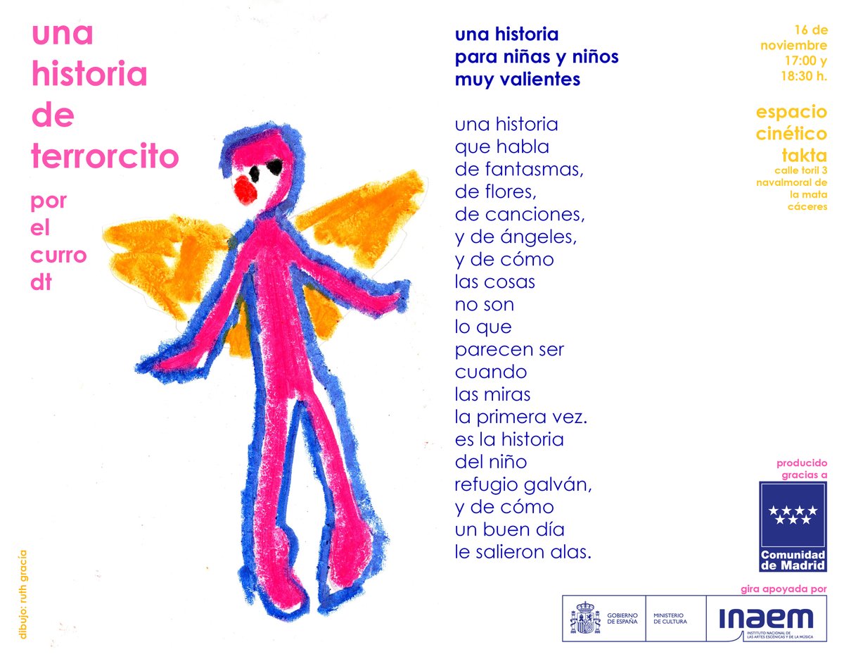 !Nos vamos a Navalmoral!

una historia de terrorcito

Danza para niñas y niños muy valientes.

D16 de noviembre 17:00 y 18:30 h.

Espacio Cinético TaKtá
C/ Toril, 3. 10300 (frente a campo de fútbol)
Navalmoral de la Mata - Cáceres

Entradas bit.ly/48YfRJM