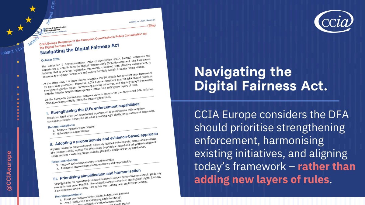 CCIAeurope's tweet image. 📢 Our core message for the #DigitalFairnessAct consultation: the @EU_Commission  should strengthen #ConsumerProtection by boosting enforcement, harmonising rules, and aligning today’s framework – rather than adding new layers. 

👉 Full response: ccianet.org/library/ccia-e…