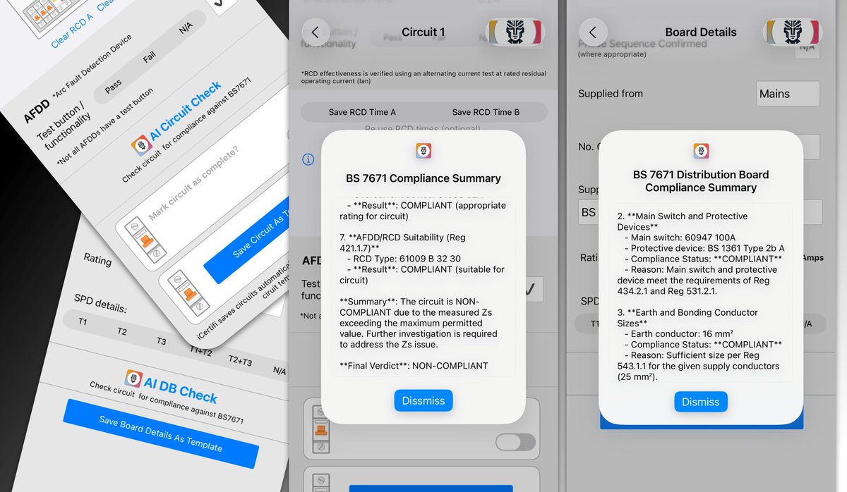 iCertifiApp's tweet image. ⚡  iCertifi can use it&apos;s built  in AI check your circuit against current regulations and give you an assessment reducing errors  and improving electrical safety.  Tap the button  at the end of the circuit.  #Electrical #Electrician #ElectricalEngineering #ElectricalWork…