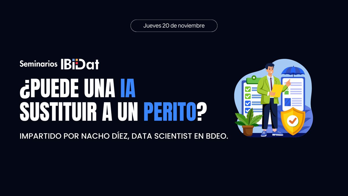 BigData_uc3m's tweet image. 🧠 ¿Puede una IA sustituir a un perito?

Nacho Díez (Data Scientist @ Bdeo) se enfrenta a esa pregunta cada día.

Este jueves nos lo cuenta en los seminarios IBiDat 👇

📅 21 nov, 16:00h
📍 UC3M Getafe + online
📥 docs.google.com/forms/d/e/1FAI…