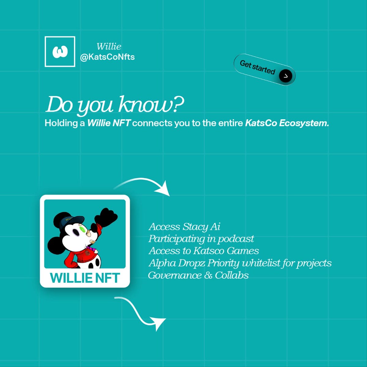 Did you know? 👀

Holding a Willie NFT connects you to all <a href="/KatsCoGroup/">㉿atsCo Group</a>  ecosystem projects — from usage of Stacy Ai, Being part of the podcast, Games, alpha drops to collabs.

It’s your membership pass to everything Katsco all in <a href="/avax/">Avalanche🔺</a>