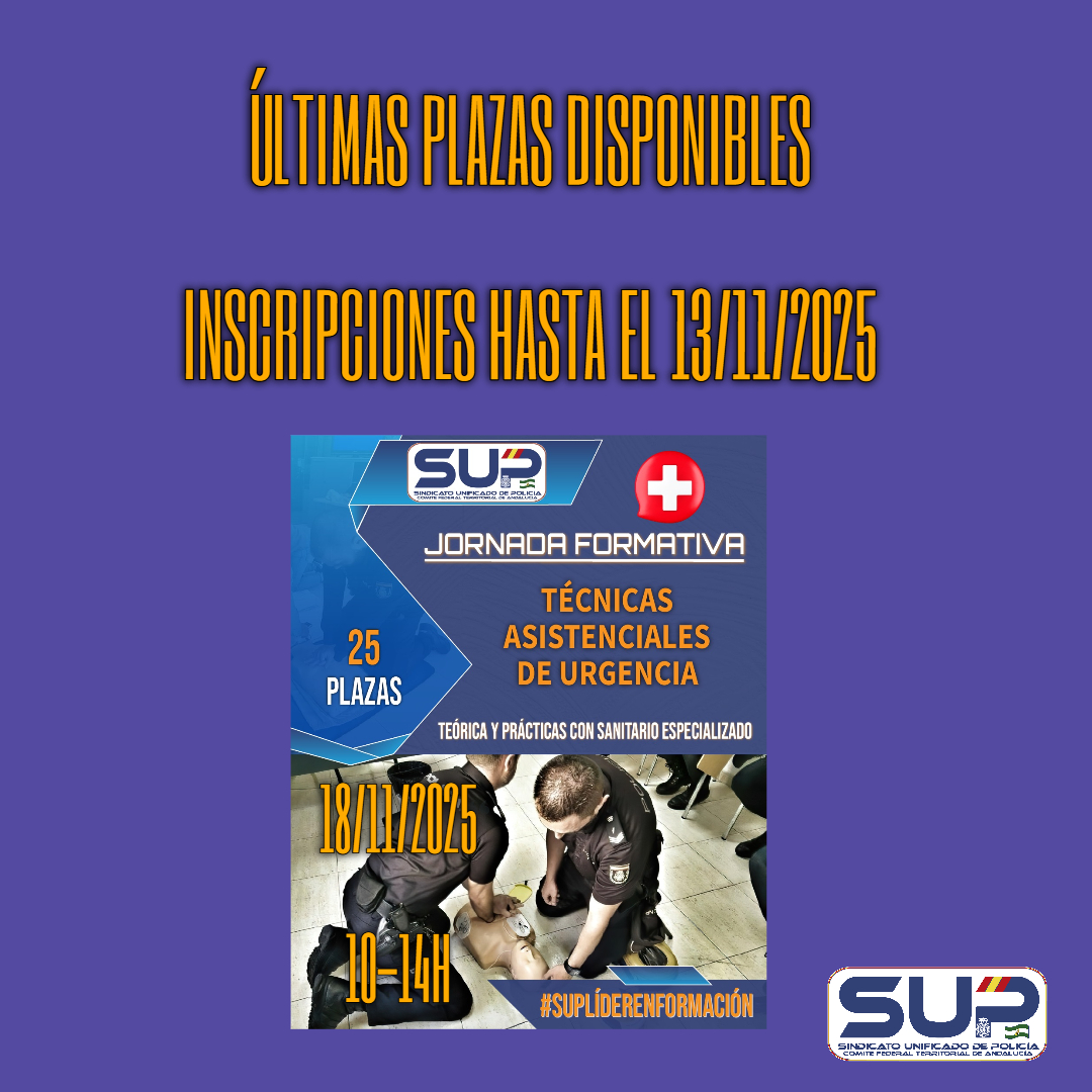 supandalucia's tweet image. 🚑Asiste a las próximas jornadas formativas presenciales en #Sevilla el 18/11 y participa en el sorteo de 5 torniquetes

📣Últimas plazas disponibles

🗓️Inscripciones hasta el 13/11/2025 en el 648278925

👮‍♂️Gratis para afiliados

📲altas.sup.es

#SupLíderEnFormación