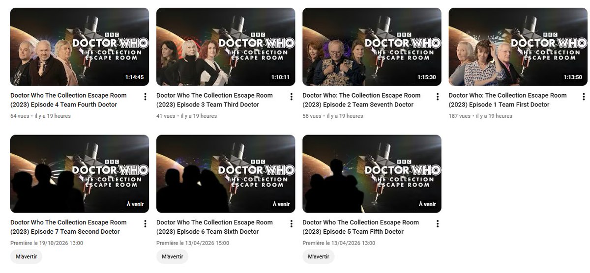 🧵Les fans anglais ont trouvé une chaîne YouTube nommée "Doctor Who: The Collection Escape Room" où des fans de DW sont dans un escape game liée aux coffrets The Collection des Classics.

Au vu des vidéos et de la chaîne, on dirait bien que c'est une chaîne officielle.