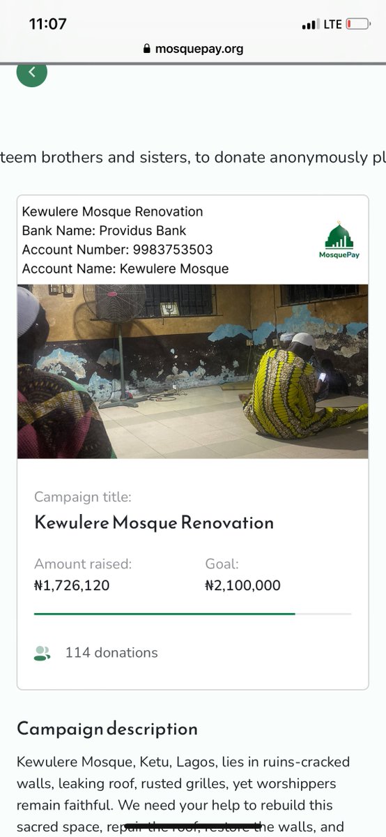 TundeSmilez's tweet image. Assalamalaykum and Jumaat Mubaraq to you all

₦1,726,120 has been raised for the proposed renovation of Kewulere mosque Ketu. The 2m target is almost achieved.

Thanks for the continua donations. Jazakumllahukhairan. 

Please keep donating and sharing mosquepay.org/kewulere