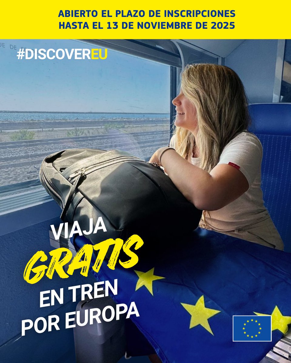 ⏰¡ÚLTIMAS 24 HORAS!

🇪🇺🚅#DiscoverEU celebra los 40 años de Schengen con 40.000 billetes de tren GRATIS para jóvenes viajeros.

Si tienes 18 años (nacido entre el 1 de enero y el 31 de dic. de 2007), ¡es tu momento!

Información e inscripciones:
🔗link.europa.eu/WFpPFc