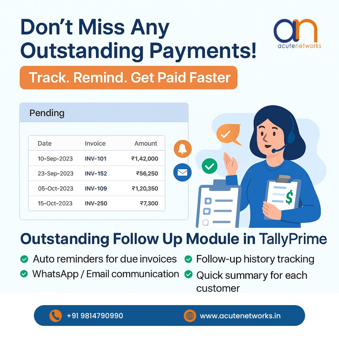 acute_networks's tweet image. 💰 Don’t Miss Any Outstanding Payments!
Track. Remind. Get Paid Faster.

Manage all your dues smartly with the Outstanding Follow-Up Module in TallyPrime.

📞 +91 9814790990
🌐 acutenetworks.in

#tallyprime #outstandingfollowup #tallymodules #businessgrowth #TallyIndia