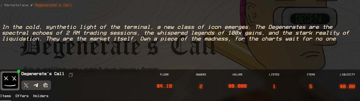 Mint and view Degenerate's call collection on Rarebay Marketplace:
Every piece is rare, no two have the same traits, use our inbuilt rarity checker on top-left of #NFT to find the rarest.

Share your #Degenerate in the comments🚀
rarebay.xyz/collection/0x1…