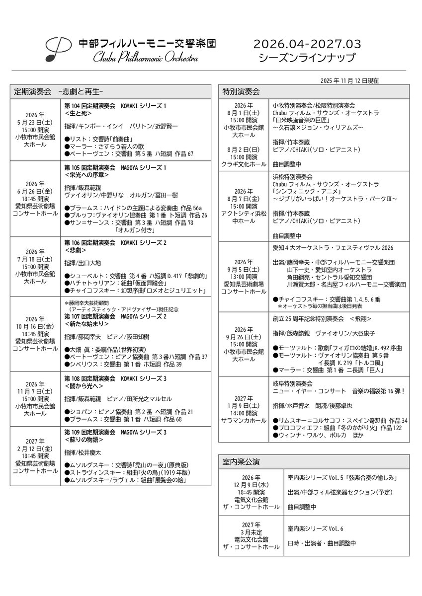 ＜2026.04-2027.03シーズンラインナップ公開！＞

『悲劇と再生』の世界を描く定期演奏会全6回、バラエティに富んだ特別演奏会、個性光る室内楽シリーズなどをお届けします。
創立25周年を迎えた中部フィルの更なる飛躍に是非ご注目下さい！

#中部フィルハーモニー交響楽団 ＃中部フィル