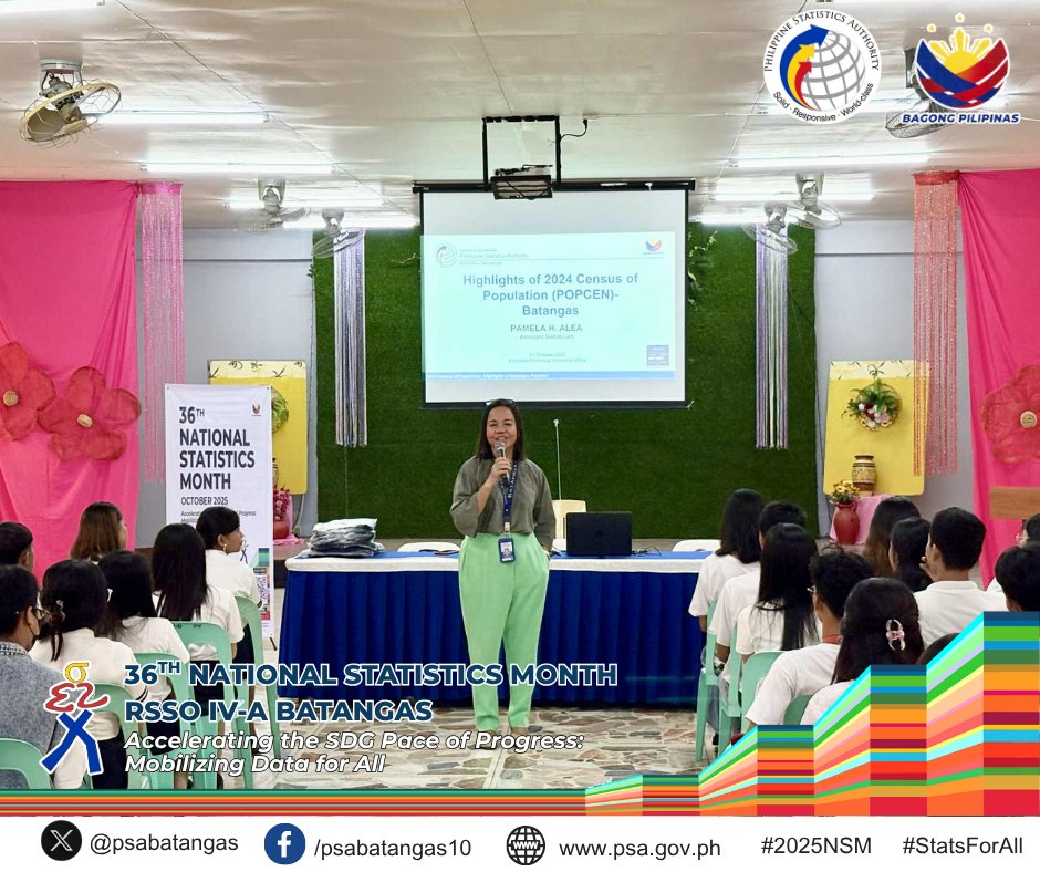 PSABatangas's tweet image. 36th NSM
Data Dissemination on the 2024 Census of Population (POPCEN) Results at Batangas City Integrated High School.
Thank you to the Principal, Ms. Aida Gutierrez.
#36thNationalStatisticsMonth
#StatsForAll