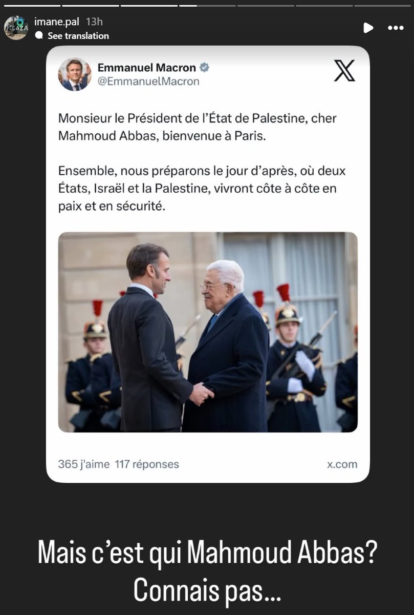 Sur Instagram, Imane Maarifi — portée aux nues par la meute (<a href="/CaronAymericoff/">Aymeric Caron</a>, <a href="/ErsiliaSoudais/">Ersilia Soudais</a>, <a href="/MathildePanot/">Mathilde Panot</a> et cie) — découvre la visite de Mahmoud Abbas à Paris et commente : « Mais c’est qui Mahmoud Abbas ? Connais pas… »
Voilà où on en est : ces militants de mort ne