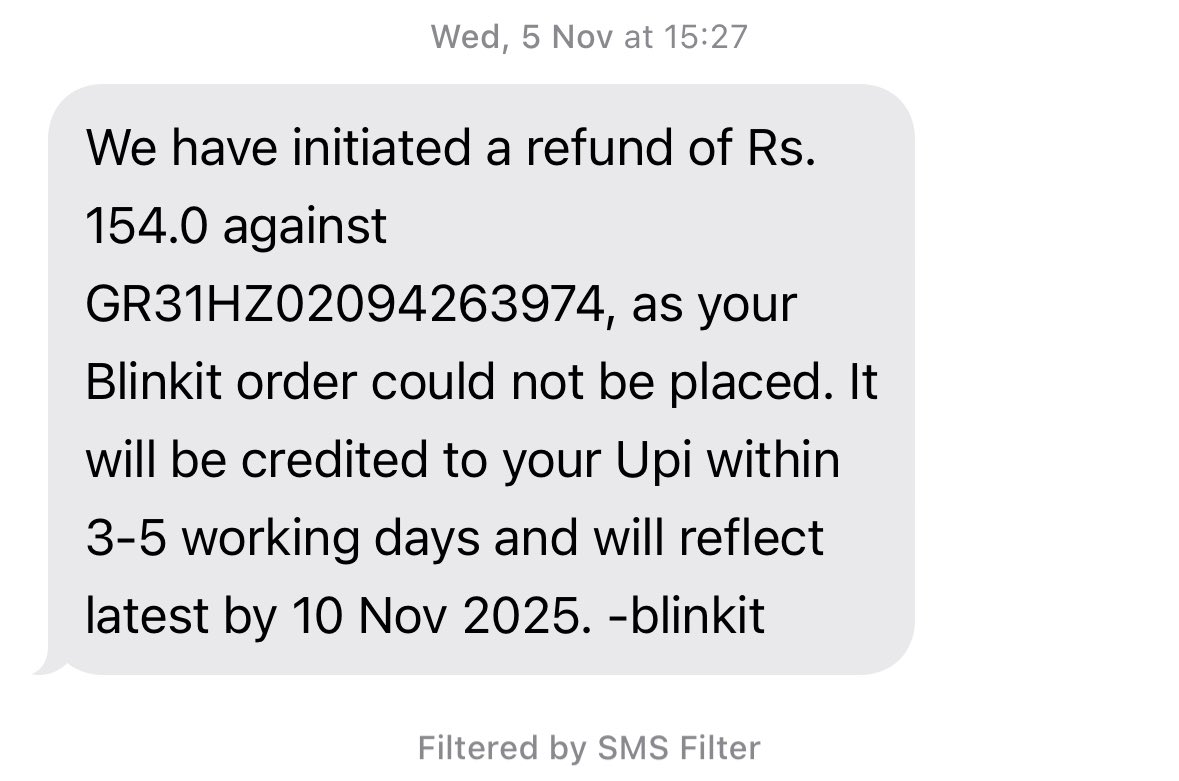 arpitguptayt's tweet photo. @letsblinkit I haven’t received my refund of ₹154 yet for order GR31HZ02094263974. The message said it would be credited by 10 Nov 2025, but today is 12 Nov and still nothing. Please check and resolve this ASAP. #blinkit #refund https://t.co/62EKtQmG2L